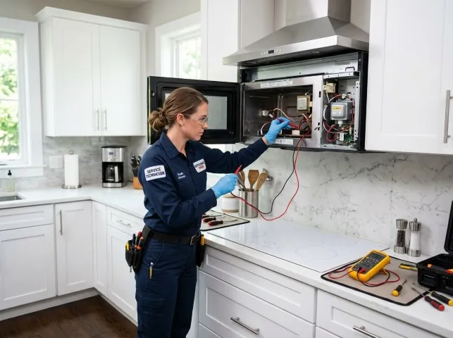 Appliance Repair Hero technician testing an over-the-range microwave in a Barnwell, SC kitchen